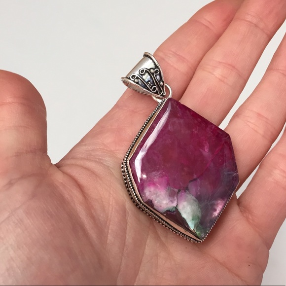 Jewelry - Large Pink Green Agate Pendant 925